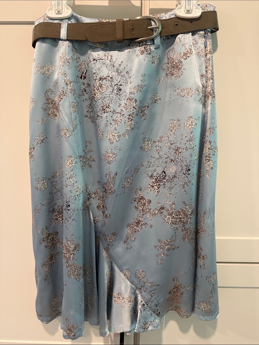 Mexx Light Blue Satin A-Line Skirt with Brown Floral Foil Print